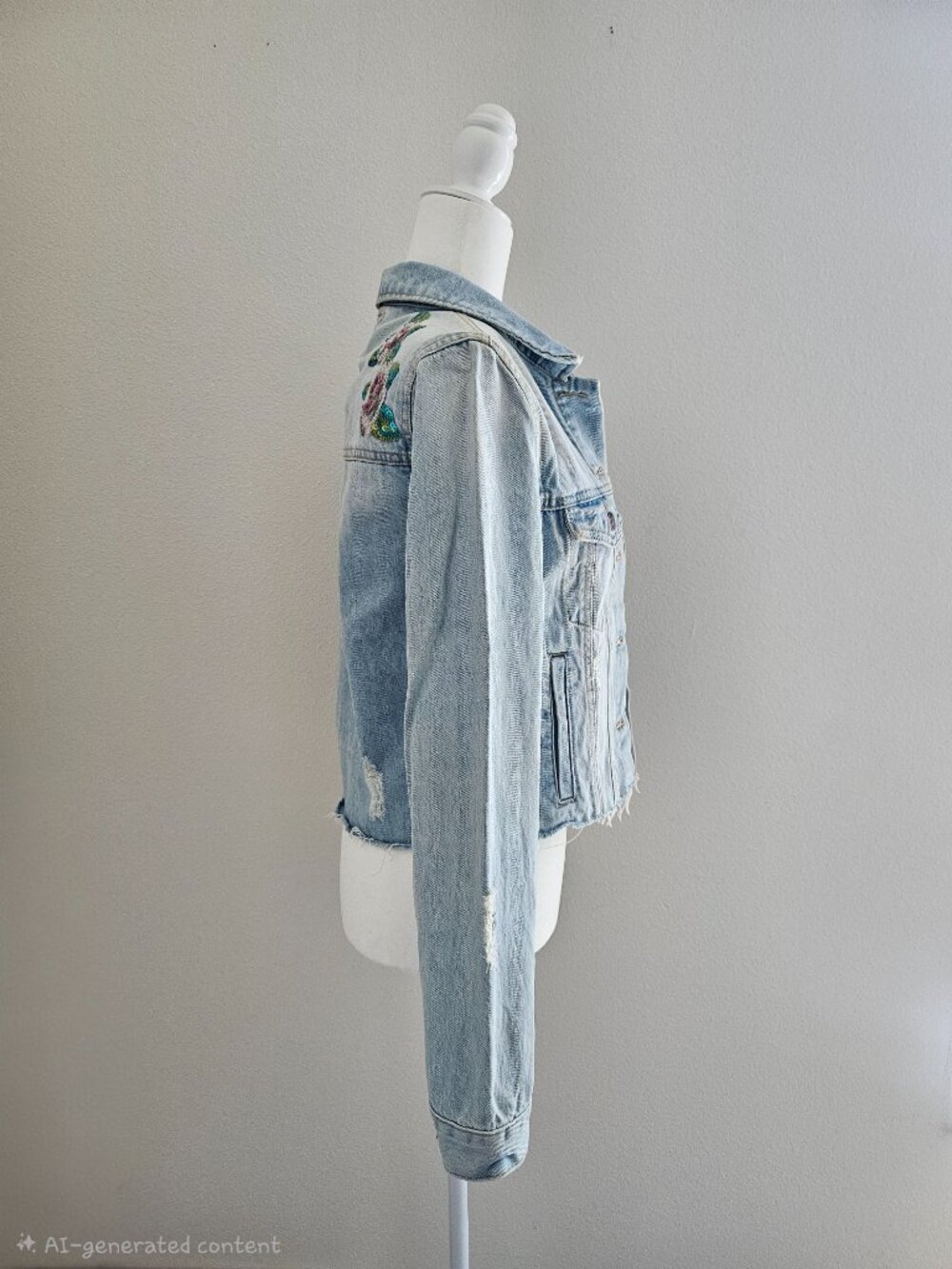 Cropped Floral Sequin Denim Jacket Light Wash NWOT Size M - Picture 4 of 13